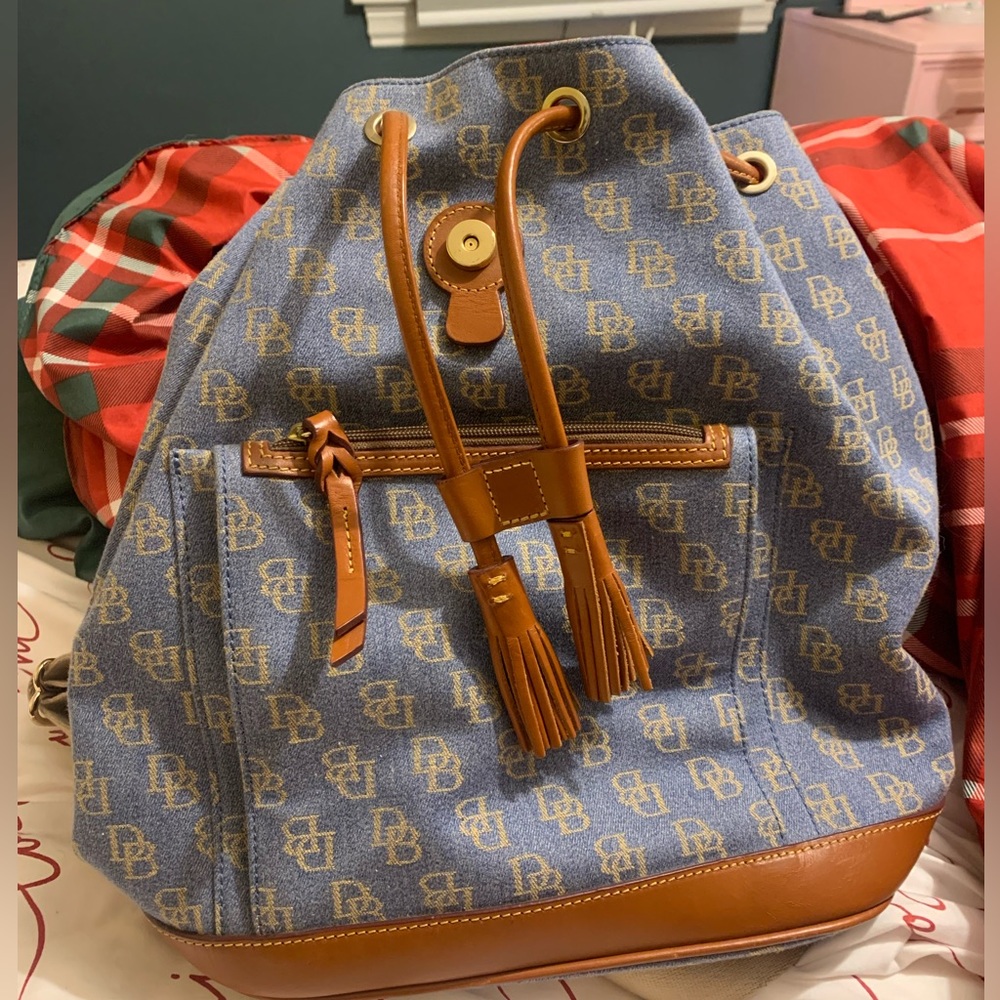 Dooney & Bourke Denim Logo Drawstring Backpack with Tan Leather Trim